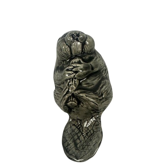 Handcrafted Ceramic Beaver Figurine Set Of Three Gray Black Textured Detailing - Picture 9 of 11